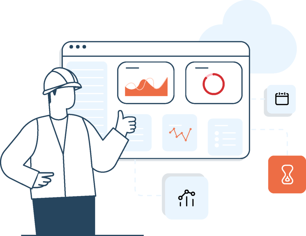 Illustration d'un homme équipé d'un casque et d'un gilet devant des captures d'écran et des graphiques des solutions ERP BTP d'Optim'BTP
