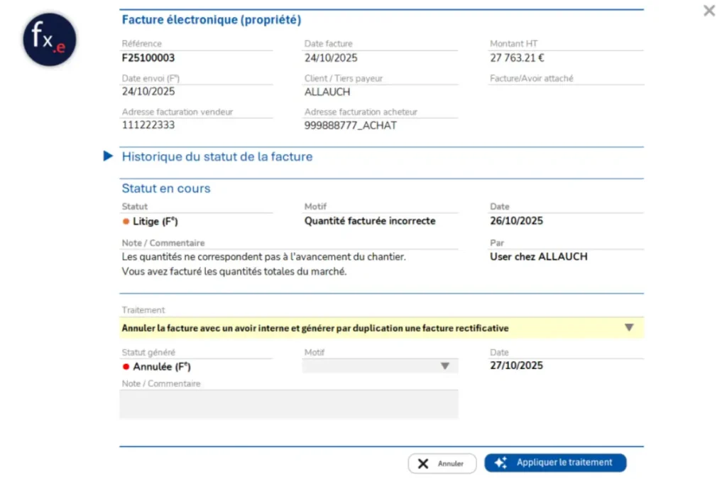 Capture de l'écran détaillé d'une facture électronique dans la solution de gestion SaaS Optim'BTP Web