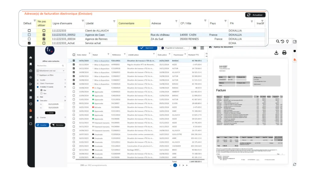 ecran suivi adresses factures electroniques