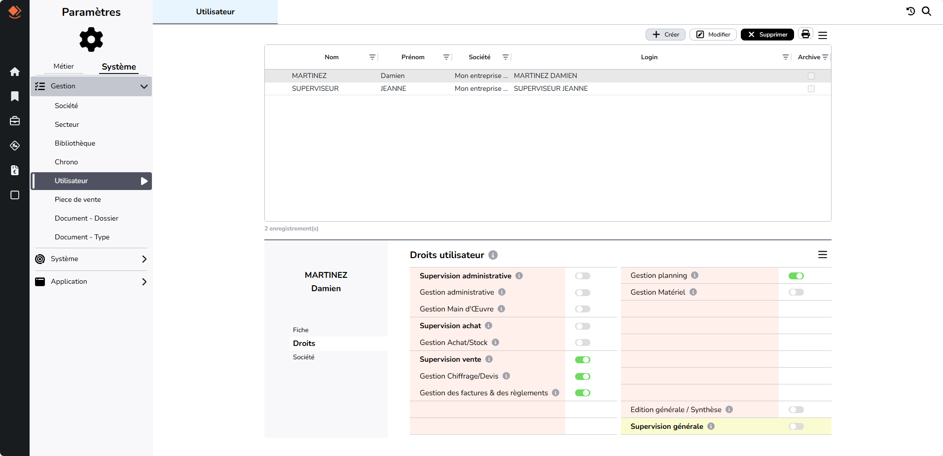 écran utilisateur droits