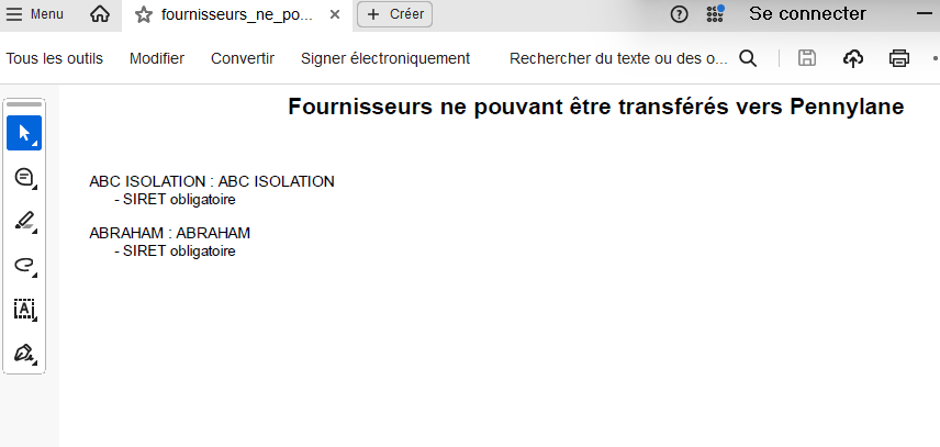 Capture du PDF contenant les motifs de rejet Pennylane
