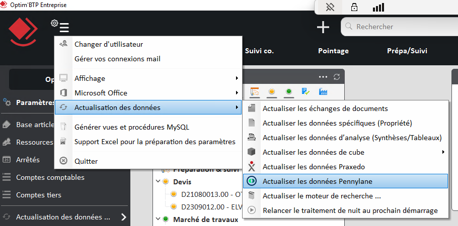 Capture du menu de Synchronisation manuelle des données Pennylane