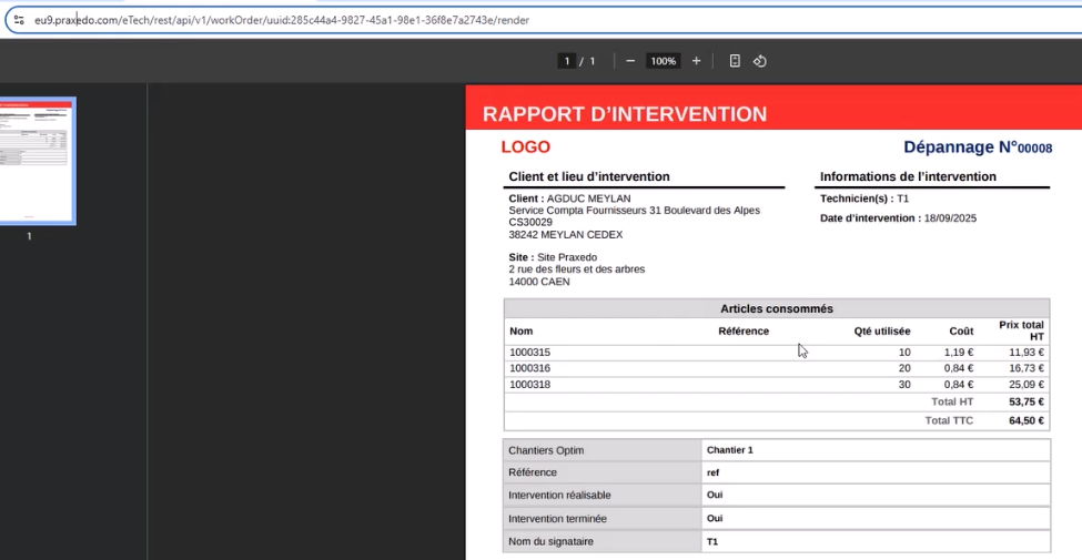 Capture du Rapport d'intervention