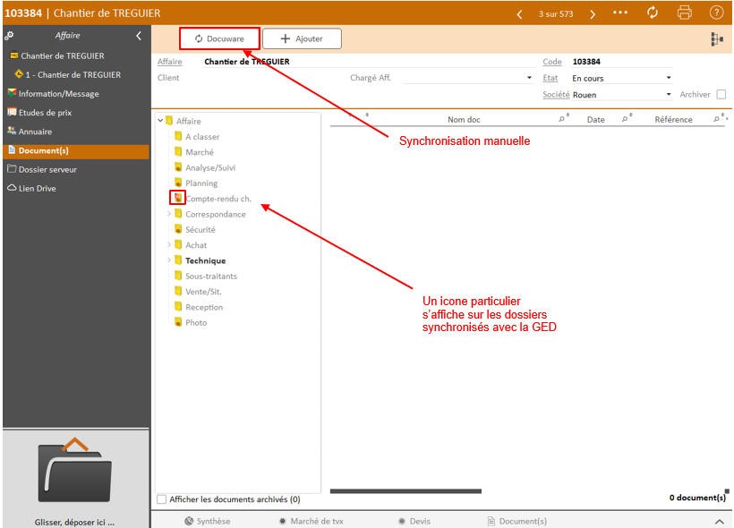 Capture et schéma explicatif de la synchronisation de Docuware vers Optim'BTP
