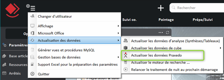 Capture du menu Actualiser les données Praxedo