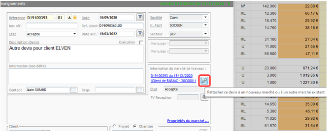 Rattacher le devis au marché 