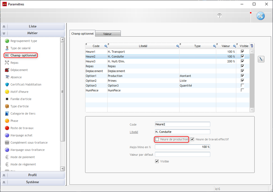 Capture du paramétrage des autres heures dans les champs optionnels d'Optim'BTP Entreprise