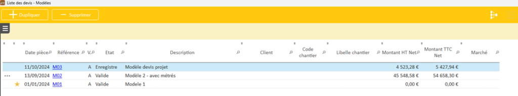 Capture d'écran de la liste des modèles de devis incluant le modèle créé depuis un devis existant