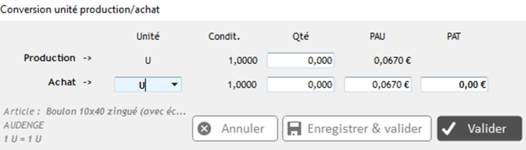 Capture de l'écran Conversion unité production -achat