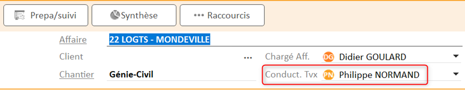 Capture d'écran du paramétrage du conducteur de travaux du chantier