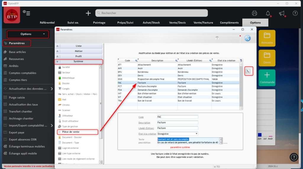 Capture du paramétrage des mentions complémentaires depuis l'onglet pièce de vente dans la fenêtre Paramètres Système