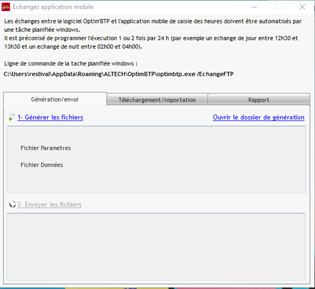 Capture de l'écran Echanges application mobile pour générer les fichiers FTP dans Optim'BTP Entreprise