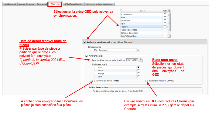 Capture et schéma explicatif du paramétrage de la synchronisation des pièces dans Optim'BTP Entreprise
