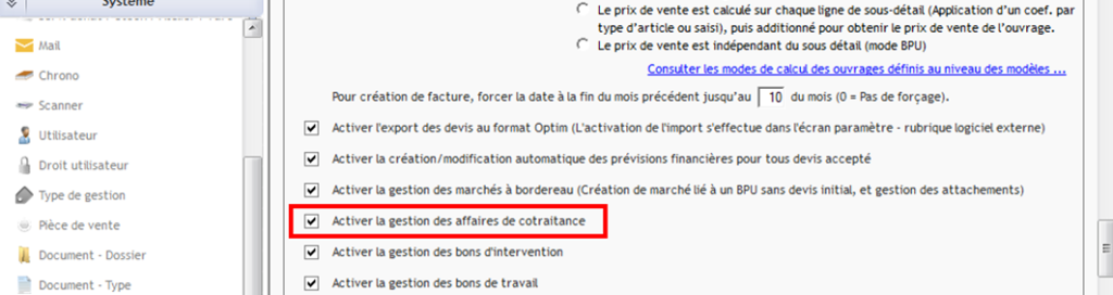 Capture de l'écran Paramètres où Activer la gestion des affaires de cotraitance