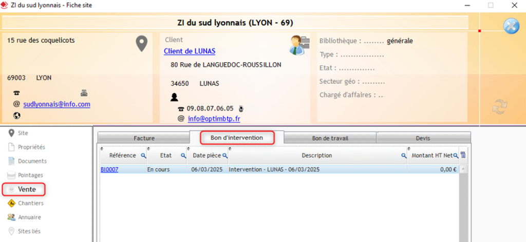 Capture d'écran de la Liste des Bons d'intervention rattachée au site dans les onglets Vente et Bon d'intervention