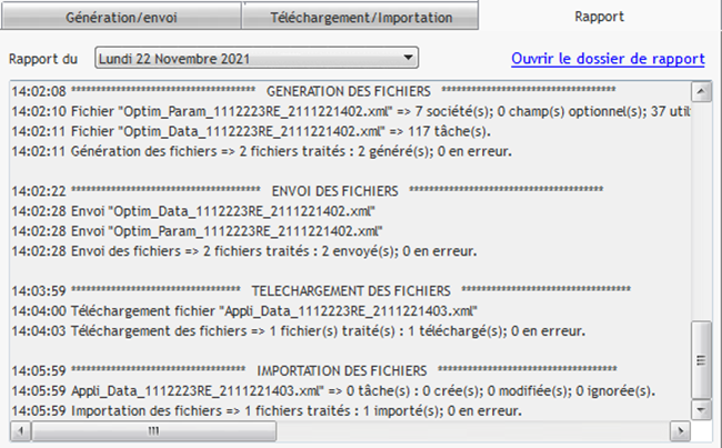 Exemple d'un log de rapport reportant toutes les actions effectuées