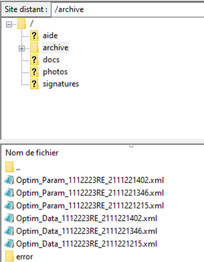 Captures des fichiers XML visibles dans le client FTP