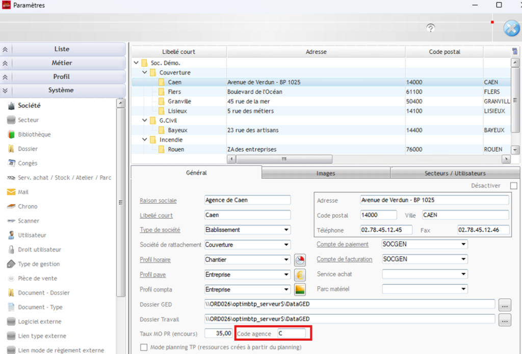 Capture du paramétrage du code agence dans l'onglet Société de la fenêtre Paramètres Système