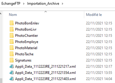 Capture du Dossier Appli_Data et fichiers XML