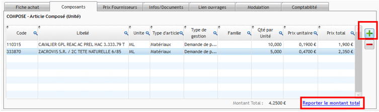 Capture de l'onglet Composants