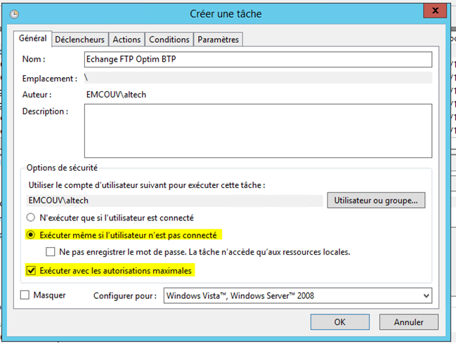 Capture de l'écran de Création d'une tâche planifiée