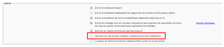 Capture de l'option Calcul des prix des articles composés (Somme des prix des composants) dans l'onglet Application de la fenêtre Paramètres