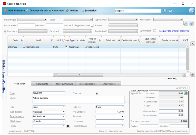 Capture de la fenêtre Gestion des stocks