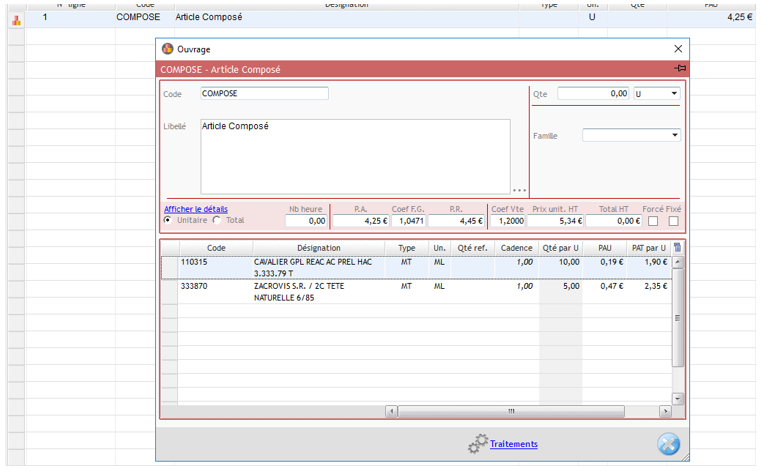 Capture de l'utilisation d'un Article composé dans la fenêtre Devis