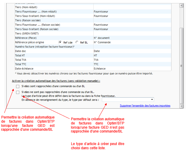 Capture et schéma explicatif du paramétrage de la réception des factures fournisseurs