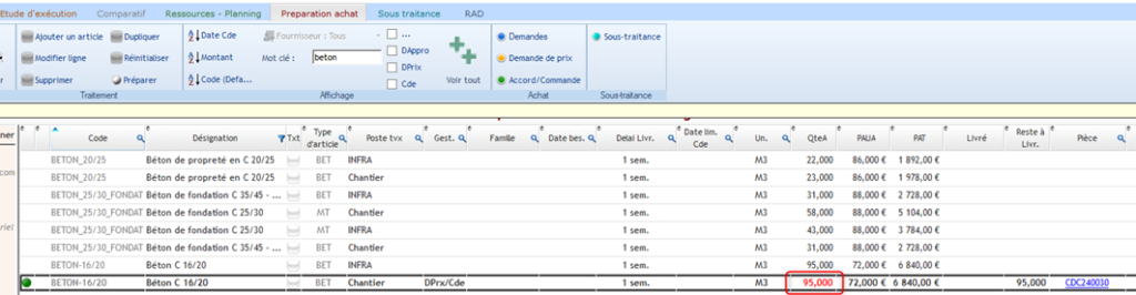 Capture de l'écran Préparation achat avec une quantité en rouge