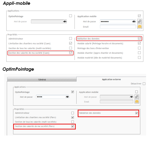 Capture d'écran du paramétrage dans Appli-mobile et OptimPointage