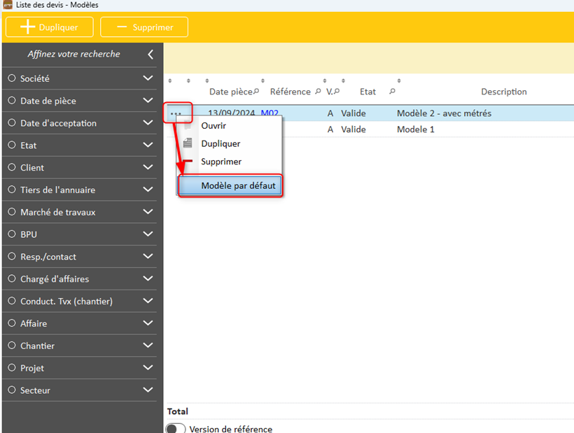 Capture d'écran de la liste des modèles de devis et de la possibilité de définir un modèle par défaut en cliquant sur les ... en début de ligne
