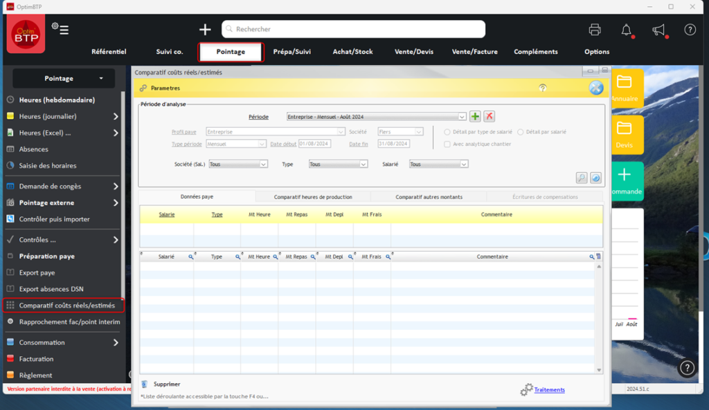 Capture de l'écran Comparatif Coûts réels et estimés