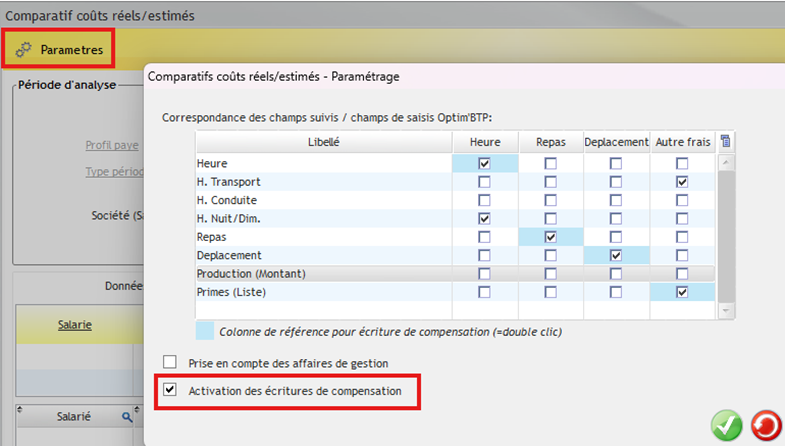 Capture de l'activation des écritures de compensation dans les paramètres