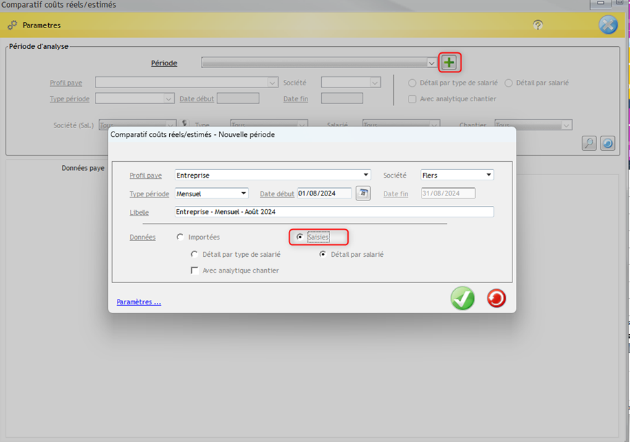 Capture de la saisie d'une nouvelle période dans le Comparatif Coûts réels et estimés