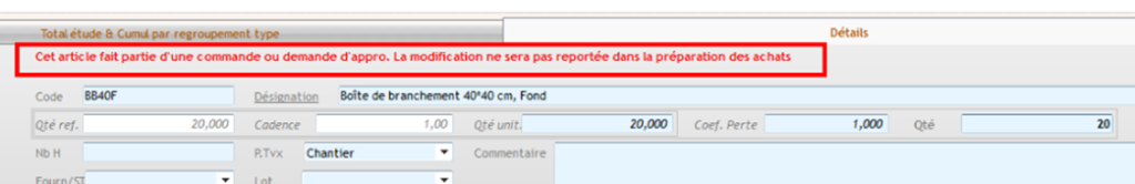 Capture du message affiché en rouge lors de la modification de la quantité
