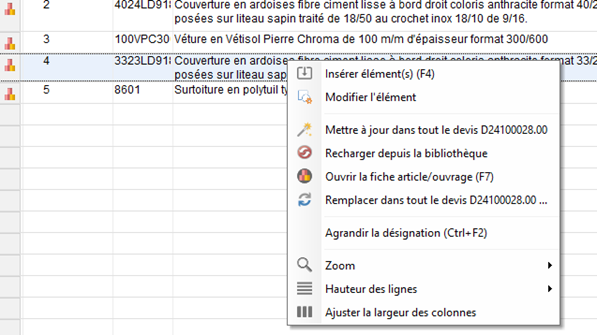 Capture d'écran du remplacement possible également sur une ligne de prix dans le corps du devis via le clic droit