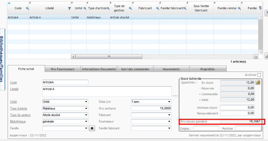 Capture de l'écran Fiche achat avec la mise en valeur du champ Prix Moyen Pondéré recalculé selon la méthode FIFO (First In First Out)