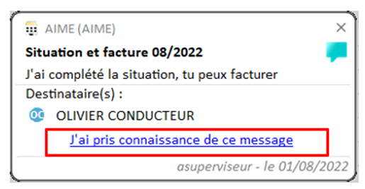 Capture d'écran d'un message et mise en valeur du bouton permettant d'indiquer en avoir pris connaissance