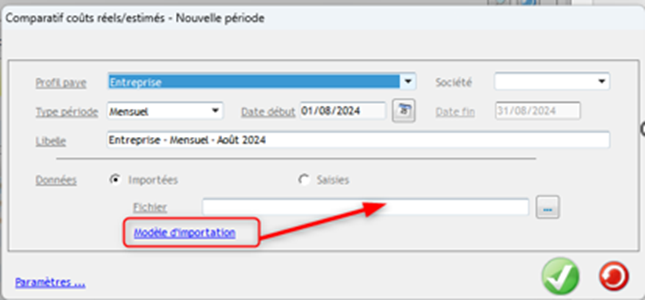 Capture de la fenêtre de création d'une nouvelle période de comparaison et du champ d'importation du document