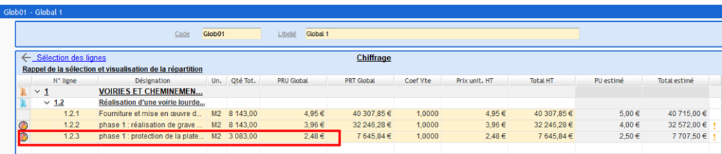 Capture de l'écran Globalisation avec l'addition des quantités des lignes liées