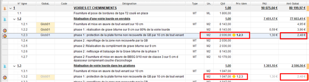 Capture d'écran des colonnes Prix idem dans les lignes de devis