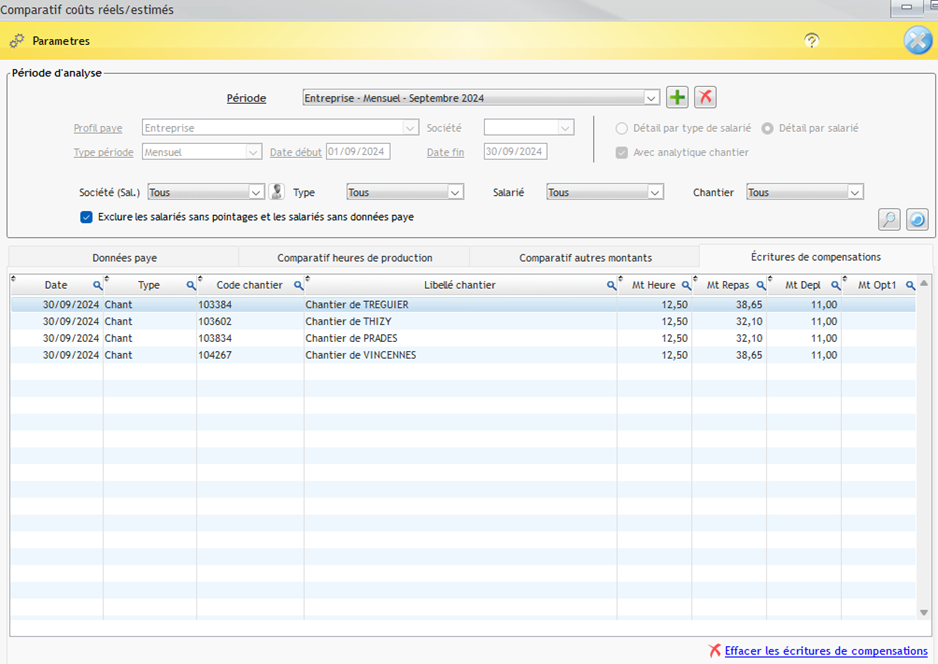 Capture des données dans l'onglet Ecritures de compensations de la fenêtre de Comparatif coûts réels et estimés