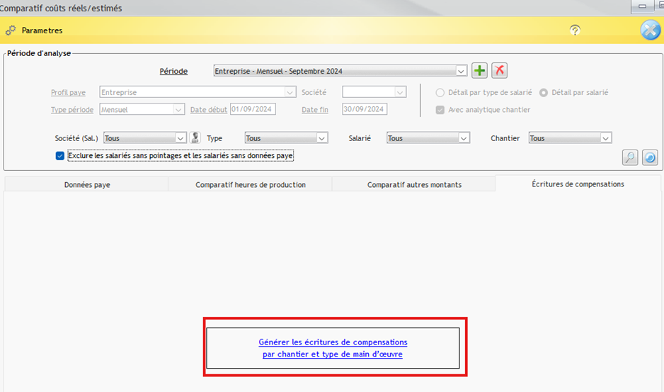 Capture du bouton pour générer les écritures de compensation par chantier et type de main d'œuvre dans l'onglet correspondant de la fenêtre de Comparatif coûts réels et estimés