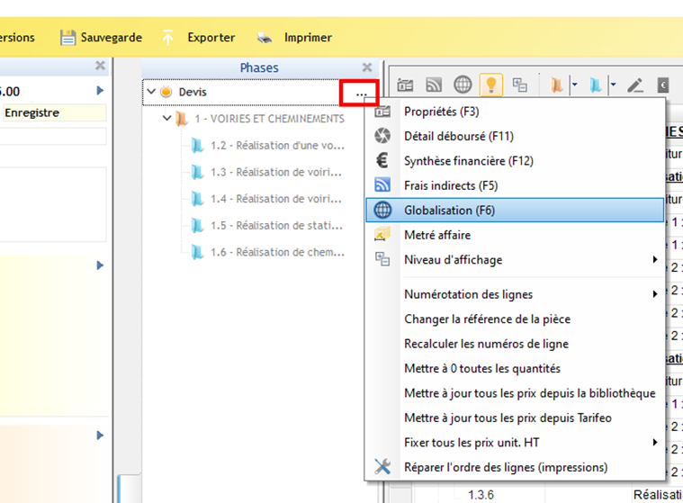 Capture de l'accès à la globalisation depuis l'écran devis du logiciel Optim'BTP Entreprise