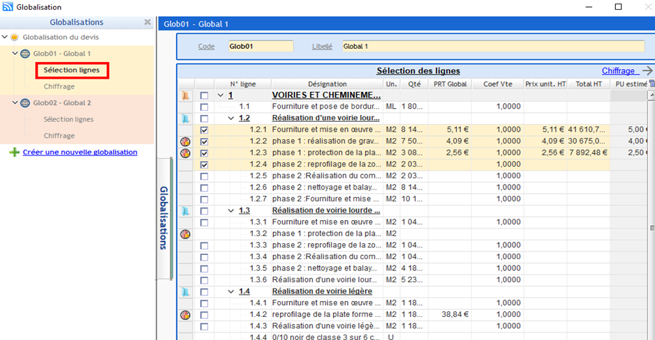 Capture de la sélection des lignes globalisées dans l'écran Globalisation de l'ERP Optim'BTP Entreprise