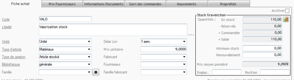 Capture de l'écran Fiche article dans l'ERP Optim'BTP Entreprise
