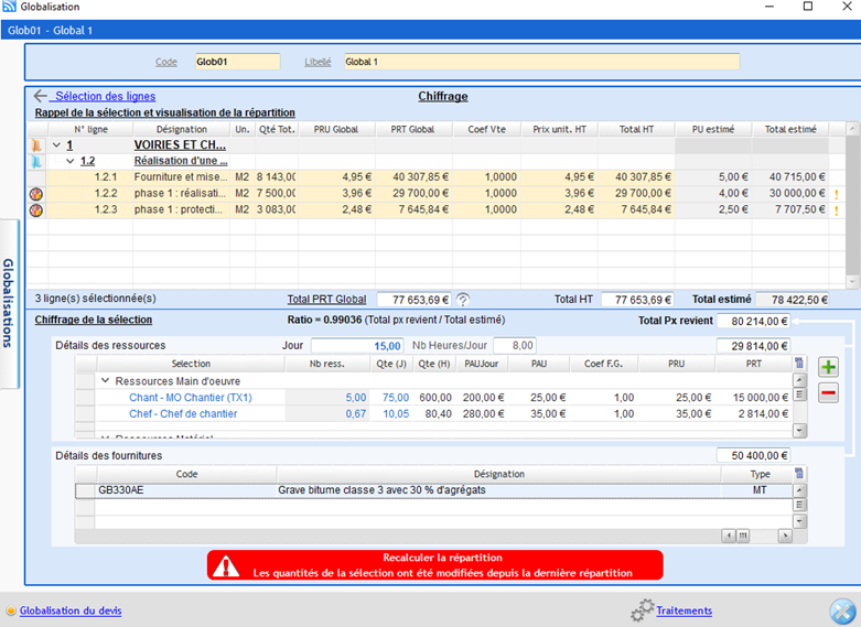 Capture de l'écran Globalisation après le recalcul de la répartition