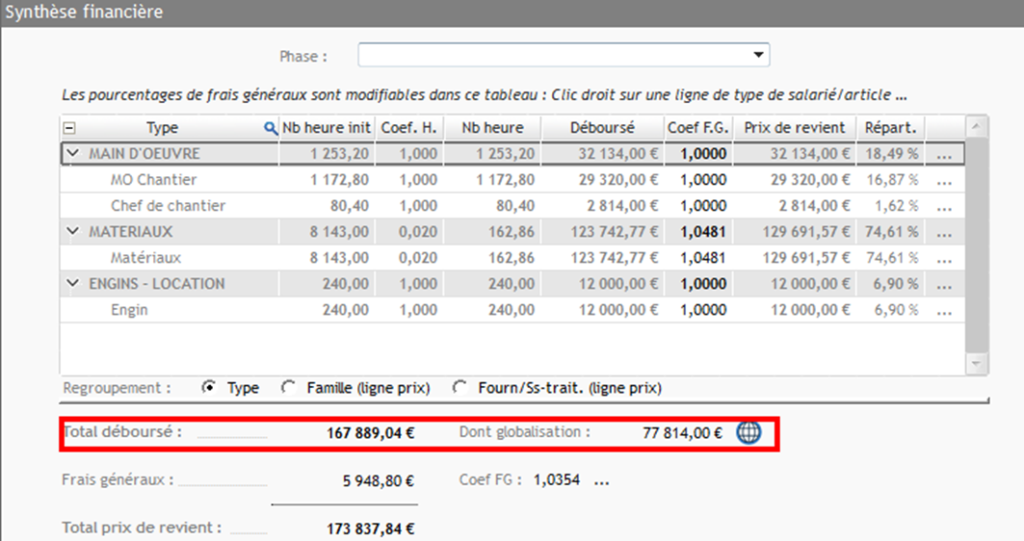 Capture de l'écran Synthèse financière accessible depuis les propriétés du devis