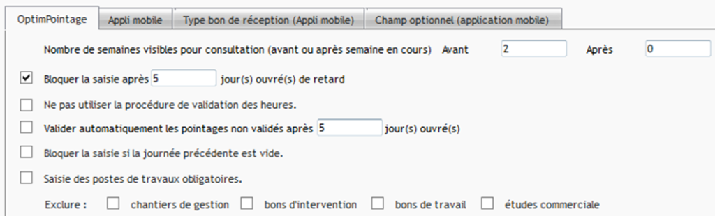 Capture d'écran du paramétrage général de l'onglet OptimPointage